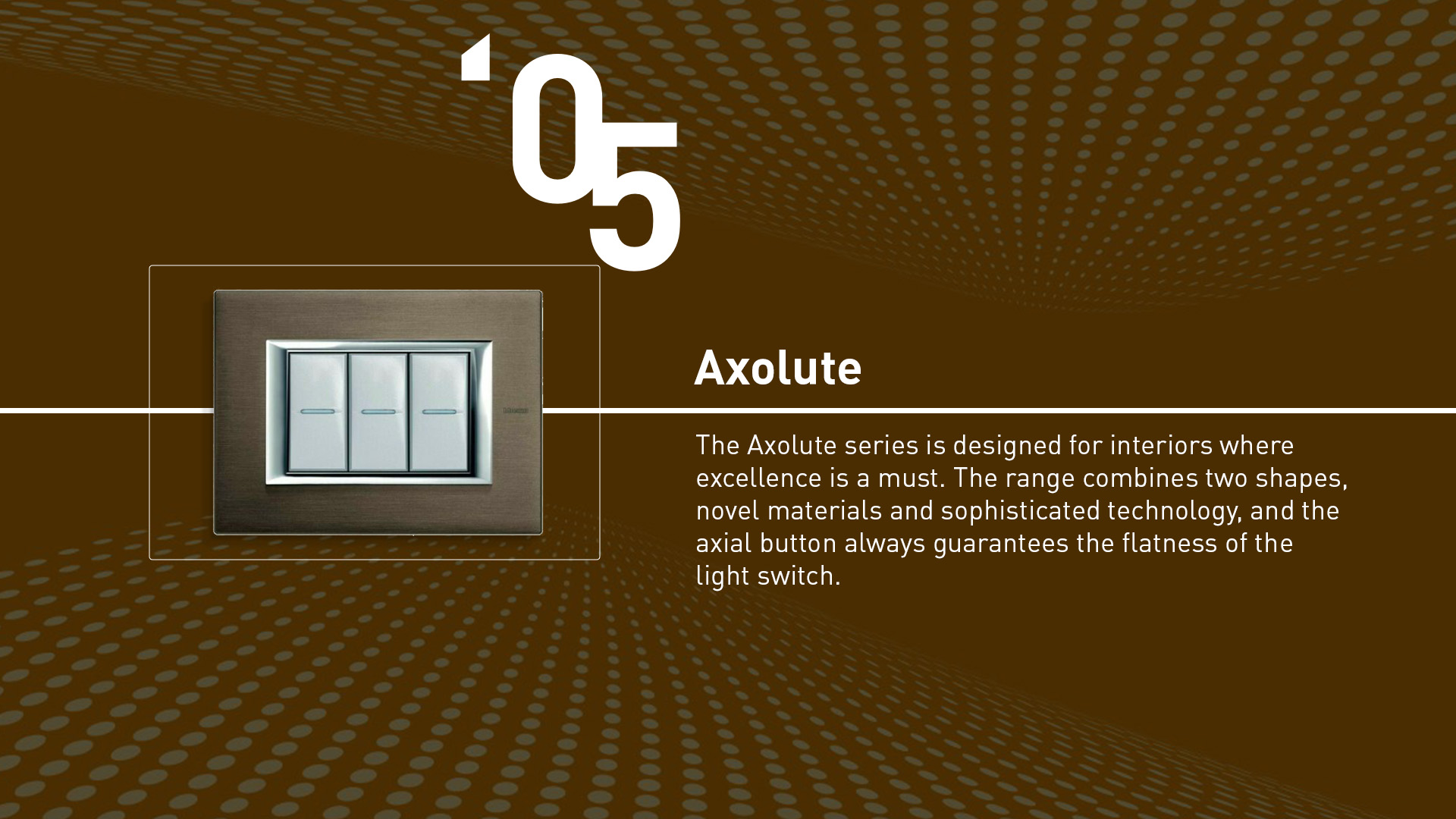 Axolute (2005). The range designed for interiors where excellence is a must that combines two shapes, novel materials, sophisticated technology, and the axial buttons.