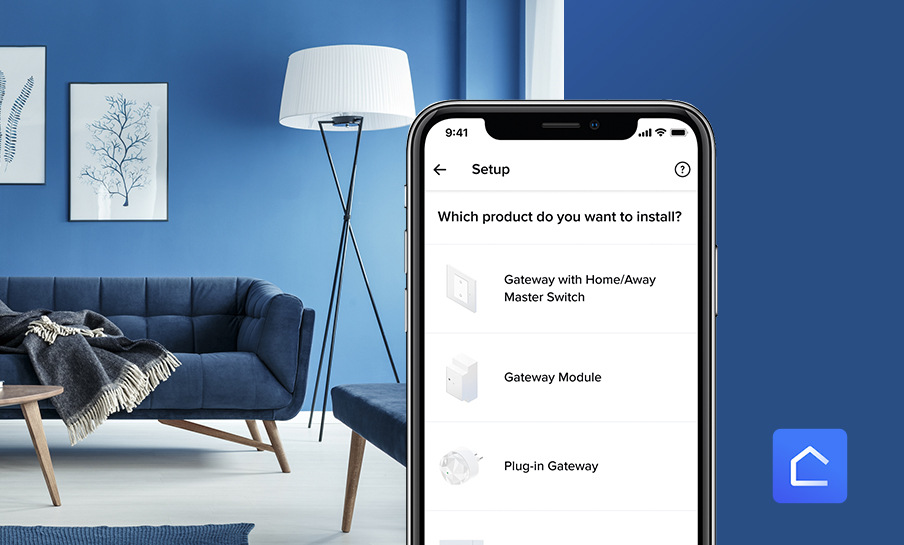 A smartphone with the home+control app on a blue living room