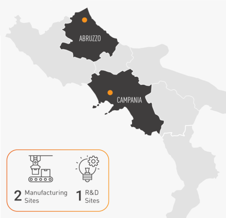 Map of BTicino's presence in Central-Southern Italy with 2 manufacturing and 1 R&D sites