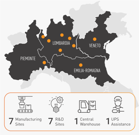 Map of BTicino's presence in Northern Italy with 7 manufacturing sites, 7 R&D sites, the central warehouse and the UPS assistance centre